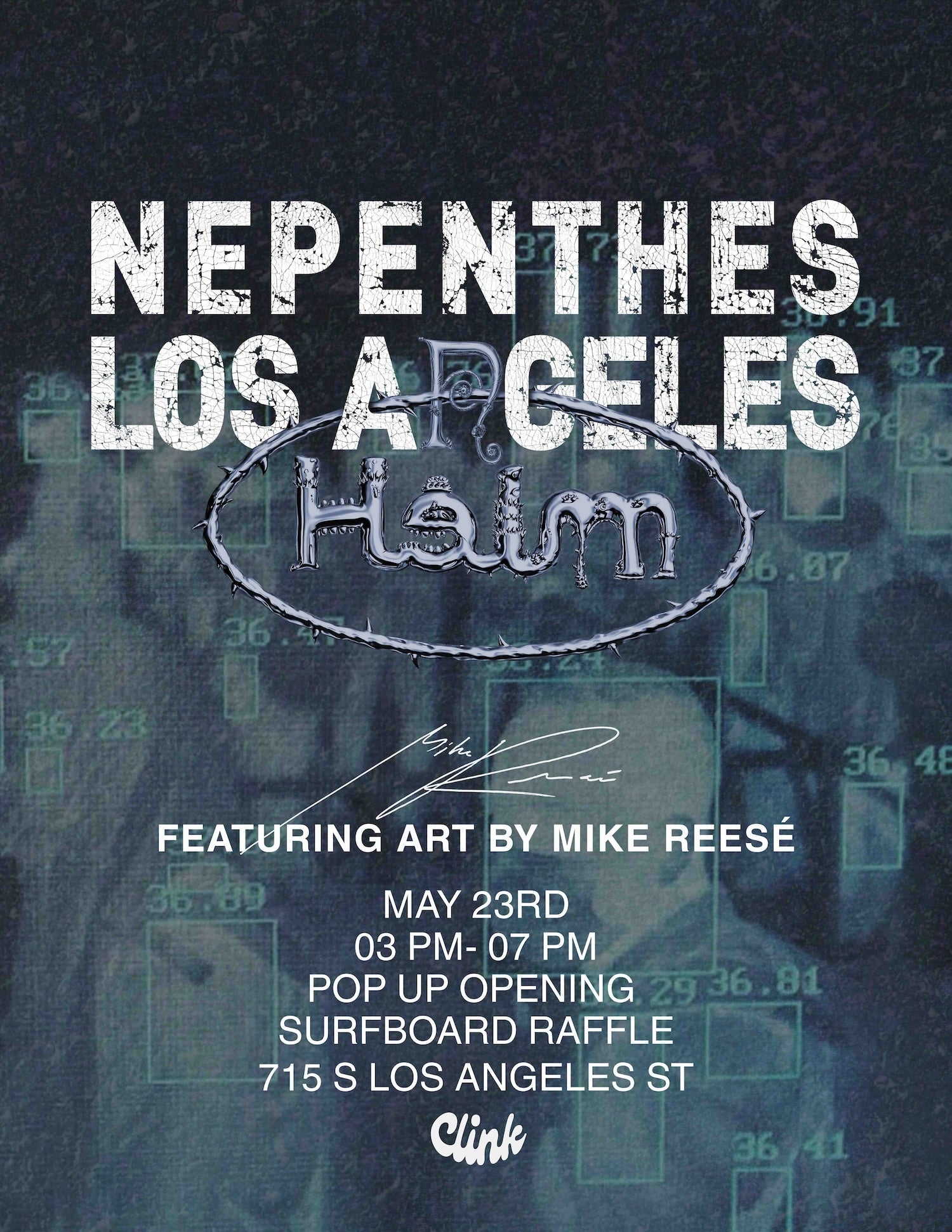 Helm Supplies x Nepenthes Los Angeles pop-up opening reception flyer featuring Mike Reesé in Los Angeles on May 23