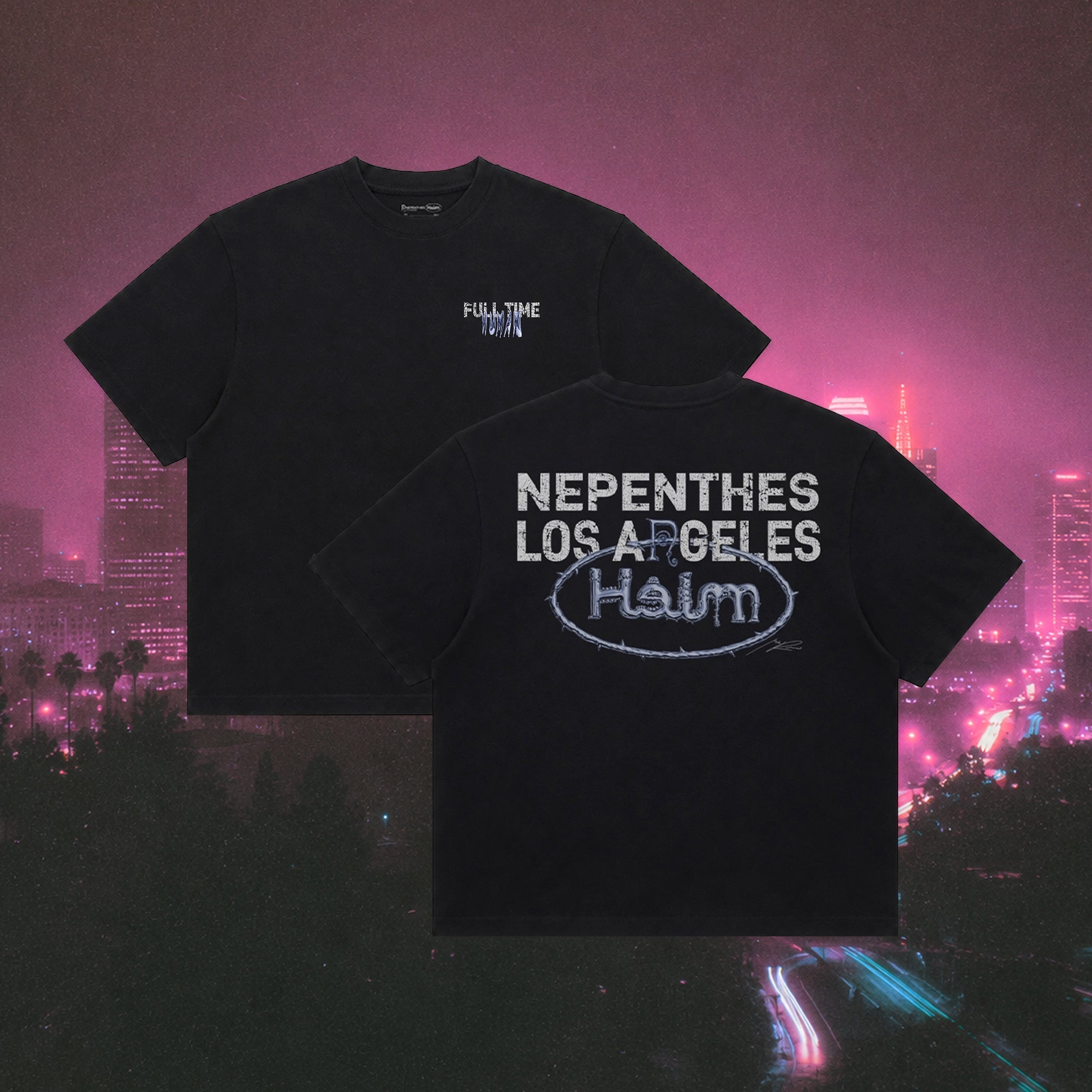 Mixed media graphic tee from the Full Time Human collection by Nepenthes LA × H3LM Supplies × Mike Reesé, 32/2 cotton black t-shirt detail